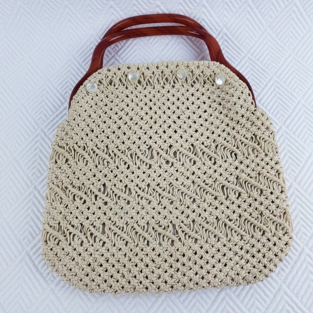 Vtg Crochet Macrame Purse Handbag Woven Handmade Midcentury Boho Unique Handle